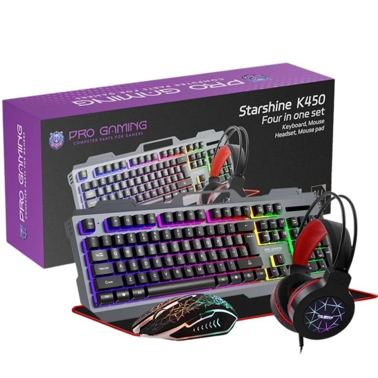 Kit 4 in 1 Pro Gaming K450, Mouse, Tastatura, Casti, Mousepad, RGB, USB